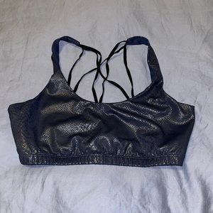 Beyond Yoga navy blue snakeskin sports bra.
